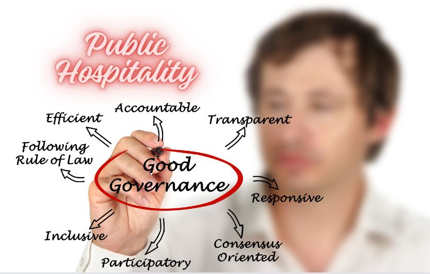 Public Hospitality Governance with Compassion man is writing down text Public Hospitality is good governance